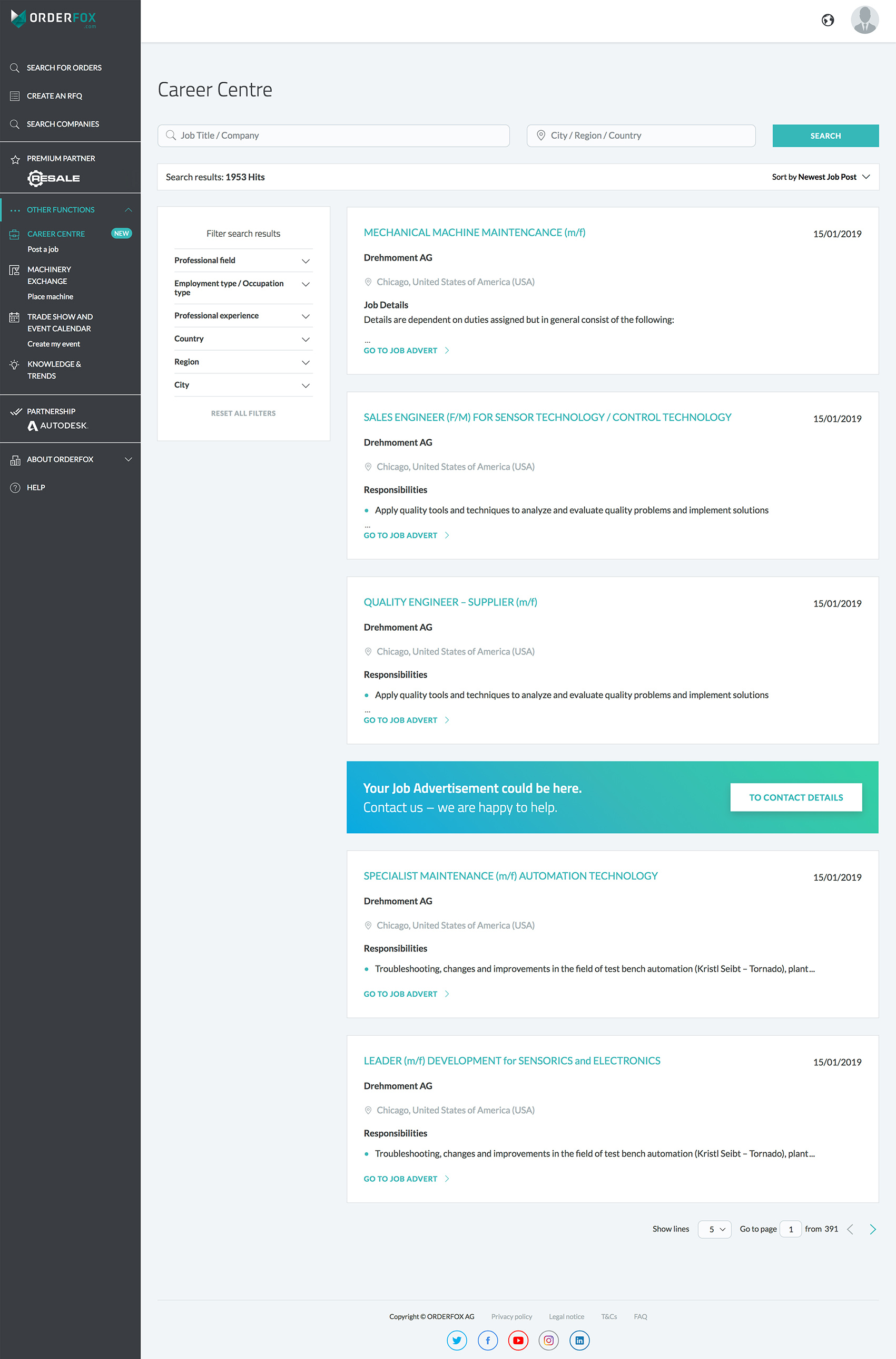 The ORDERFOX.com Career Centre: Pre-defined selection fields and filters can be used to search for open jobs.