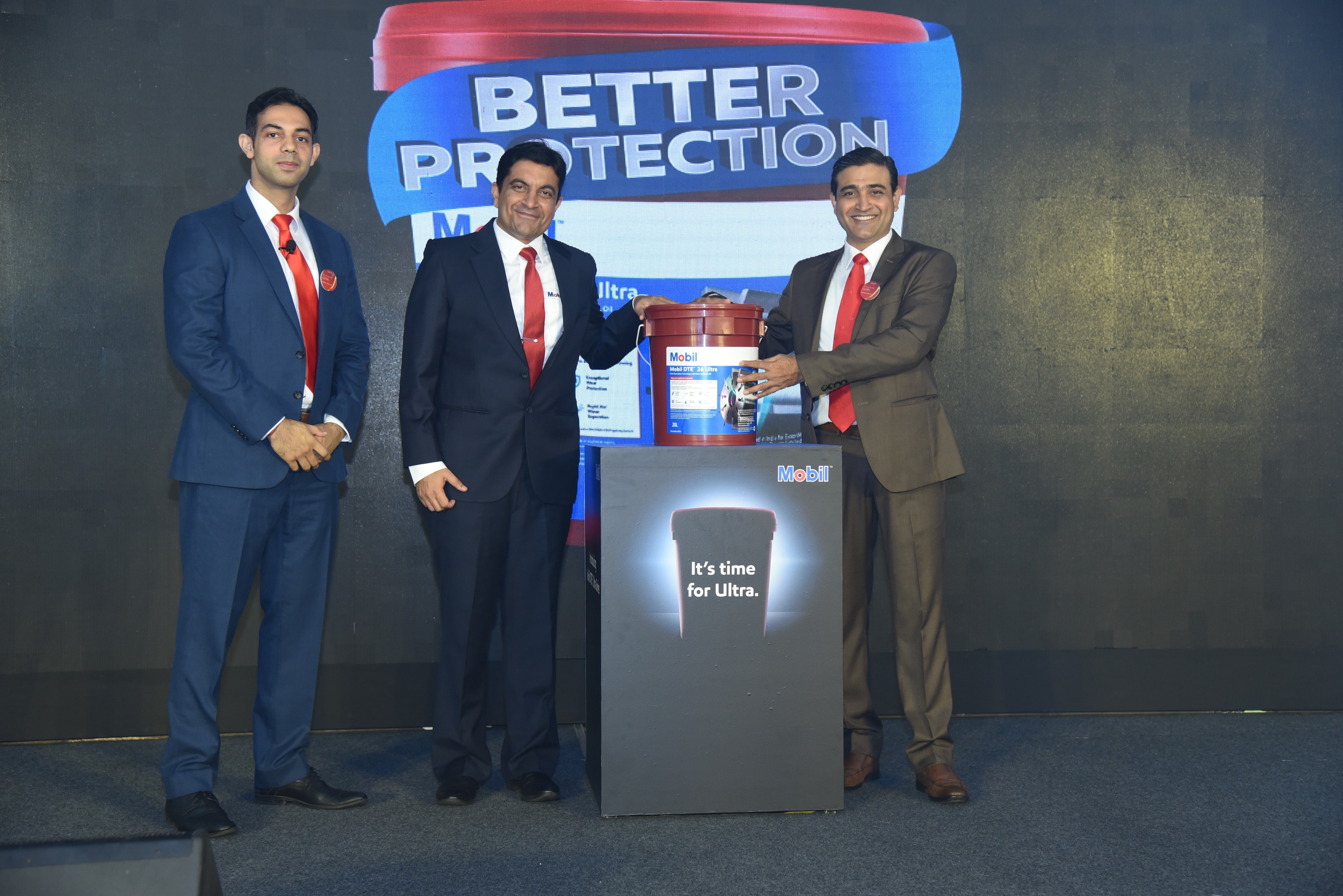 Sumit Rana, South AP Offer Development Manager, Ankush Khanna, South AP Commercial Brand Manager and Shankar Karnik, General Manager - Industrial Lubricants, during the launch of Mobil DTE™  20 Ultra Series – a technologically advanced series of hydraulic oils by ExxonMobil Lubricants Private Limited.