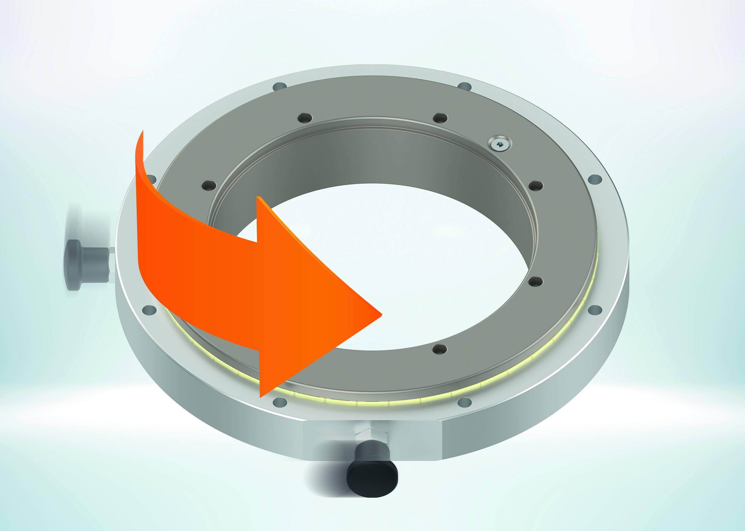 Loosen the spring bolt, turn the bearing, let it engage and you're done! The new locking function ensures that the lubrication- and maintenance-free iglidur PRT slewing ring bearings in the 04 series can be adjusted quickly and safely. (Source: igus GmbH)